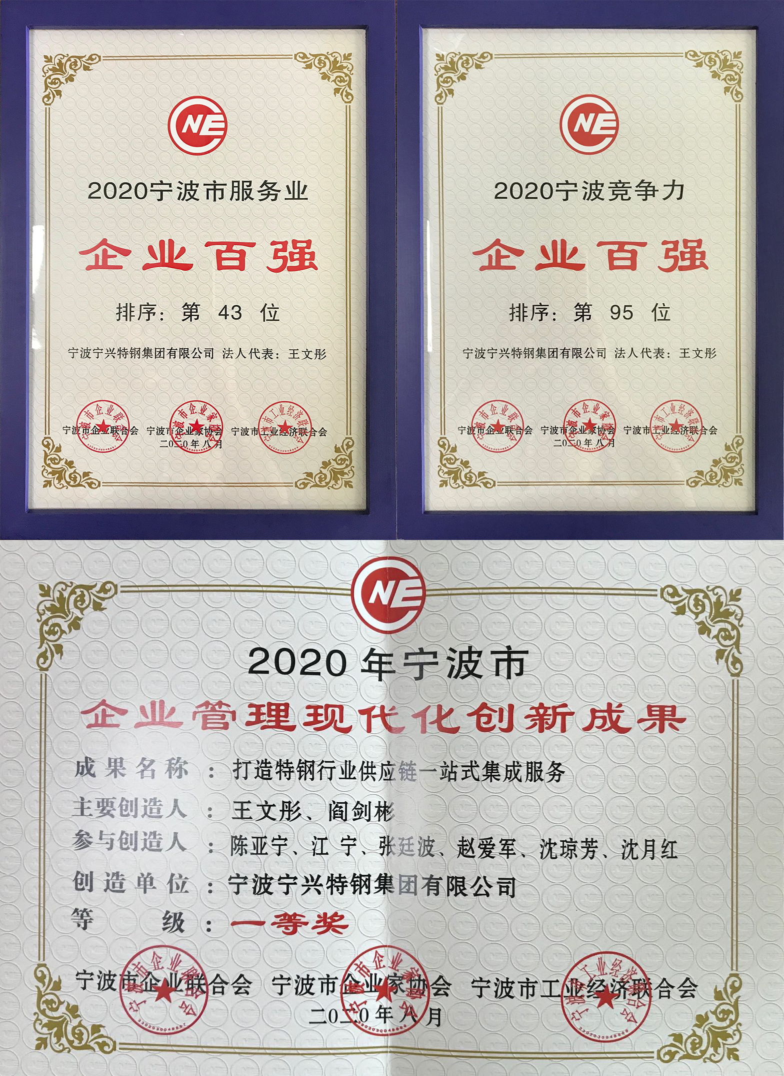 寧興特鋼集團連續(xù)八年入選寧波市服務(wù)業(yè)百強企業(yè) 并獲2020年寧波市企業(yè)管理現(xiàn)代化創(chuàng)新成果一等獎